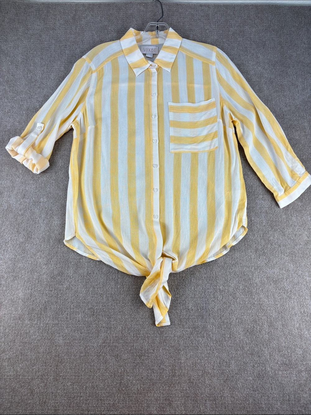 Vixbe Women's Yellow & White Striped Tie-Front Button-Up Blouse Size S NWT